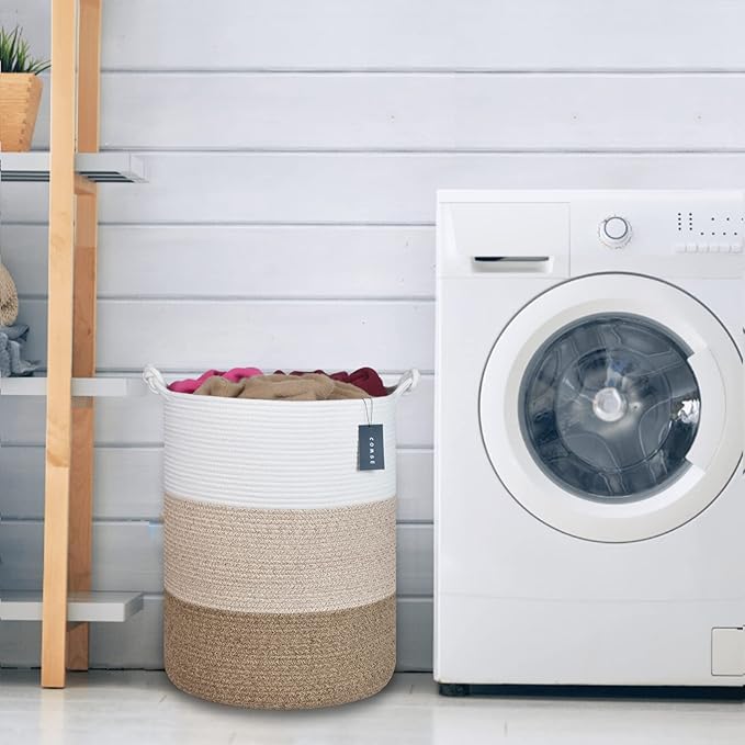 COMSE Extra Large Blanket Basket, Tall Woven Storage Basket, Nursery Hamper, 15.7”x 21.7”, Cotton Rope Laundry Hamper for Toys Clothes Towels, White/Gradient Brown