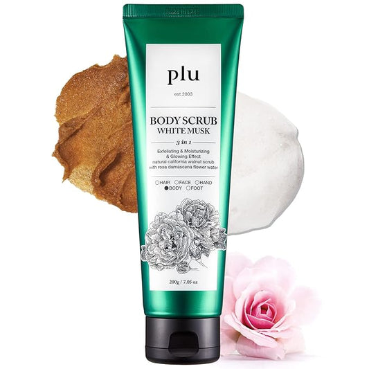 PLU Original Korean Walnut Body Scrub Polish - White Musk - Exfoliating & Moisturizing & Glow - for Acne, Cellulite, Stretch Marks, Spider Veins - Soft Musk Scent, 6.76 oz.
