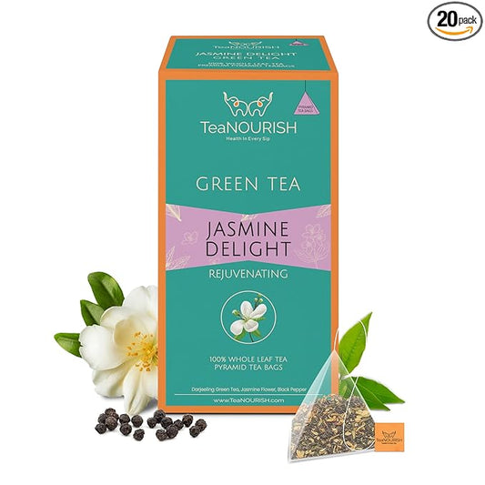 TeaNOURISH Jasmine Delight Green Tea | 20 Count Pyramid Tea Bags | Darjeeling Whole Leaf Tea with All Powerful Antioxidants | Supports Immunity |Calming, Relaxing & Bedtime Tea