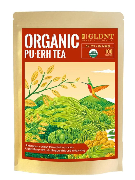 GLDNT Organic Pu-erh Tea Bags, Fermented Yunnan Dark Tea, Bold & Mellow Flavor, Caffeinated, 100 Count