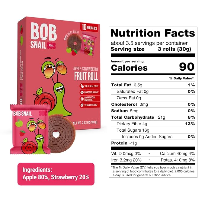 Bob Snail Fruit Roll Ups – Healthy Sweets Snacks, Real Dried Fruits, No Added Sugar, Vegan, Nut Free, Candy for Adults, Kids, with – Bulk 50 pcs Rolls, 500g (Apple Strawberry)