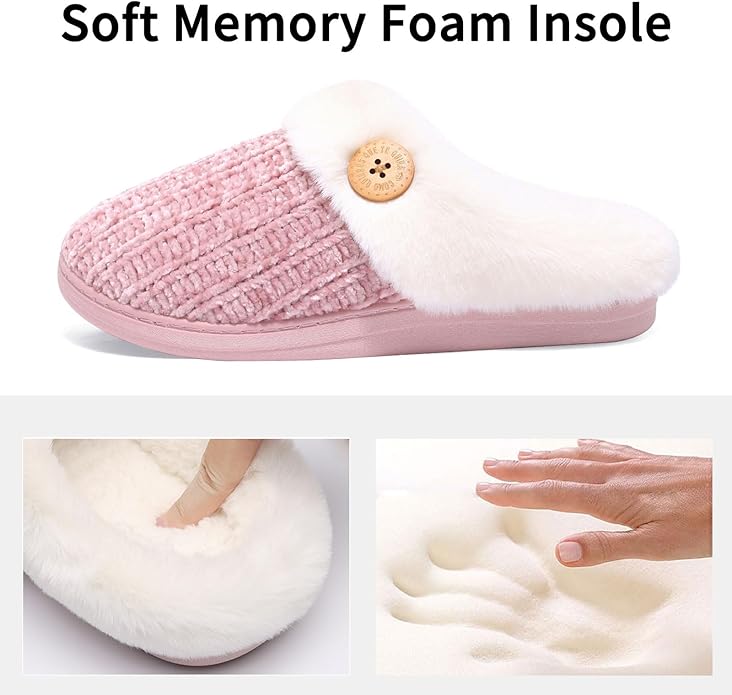 Evshine Warm Knit House Slippers for Women Comfy Wool-Like Lined Chenille Slippers with Memory Foam and Indoor Outdoor Soles
