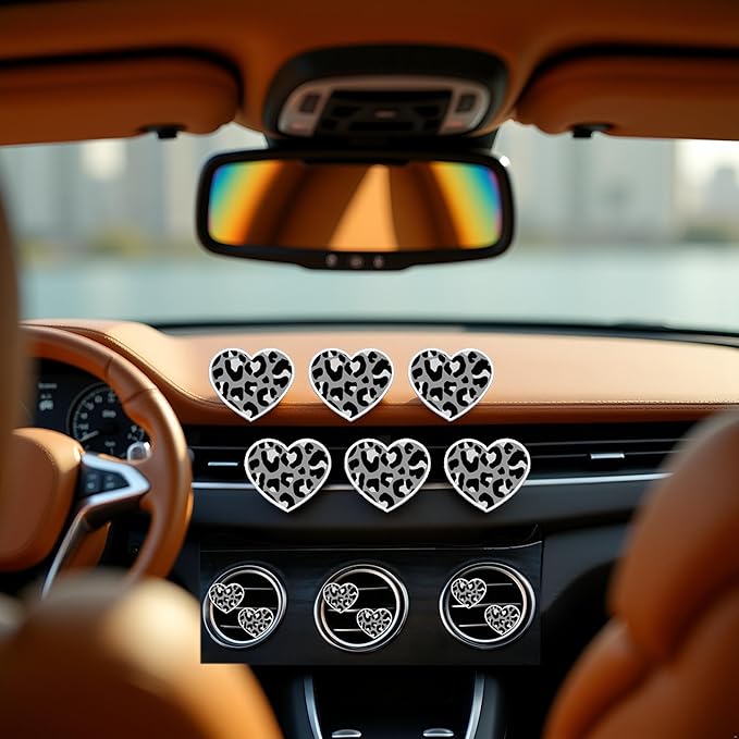 6 Pcs Heart Air Vent Clips, Cute Heart Cars Air Fresheners Vents Clips Funny Cars Diffuser Vent Clips Car Interior Decor Charm Cute Car Accessories Decoration for Women Automotive (Leopard Texture)