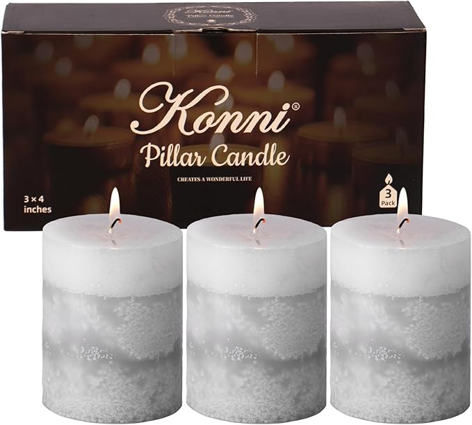 KONNI Gray Layered Pillar Candles Set of 3, 3"x 4" Unscented Pillar Candles Bulk, 39 Hours Long Burning Candles, Smokeless & Dripless Round Candle for Wedding, Home Decoration, Party, Spa, Dinner