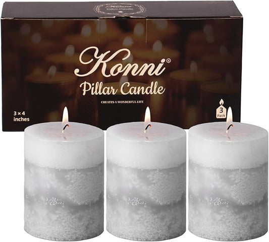 KONNI Gray Layered Pillar Candles Set of 3, 3"x 4" Unscented Pillar Candles Bulk, 39 Hours Long Burning Candles, Smokeless & Dripless Round Candle for Wedding, Home Decoration, Party, Spa, Dinner