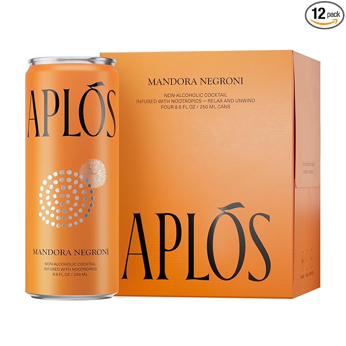 Aplós Mandora Negroni Non-Alcoholic Cocktail, Formulated with Lion’s Mane and Botanicals, Low Calorie, No Added Sugar Beverage (8.5 fl oz. 12-pack)