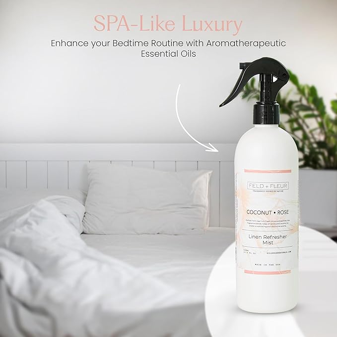 FIELD FLEUR Coconut Rose Linen & Room Spray 15.5 oz - Aromatic & Refreshing Bedding & Fabric Mist - Air Freshener for Clothes & Sofas – Notes of Coconut, Vanilla, Jasmine & Citrus - Made in USA