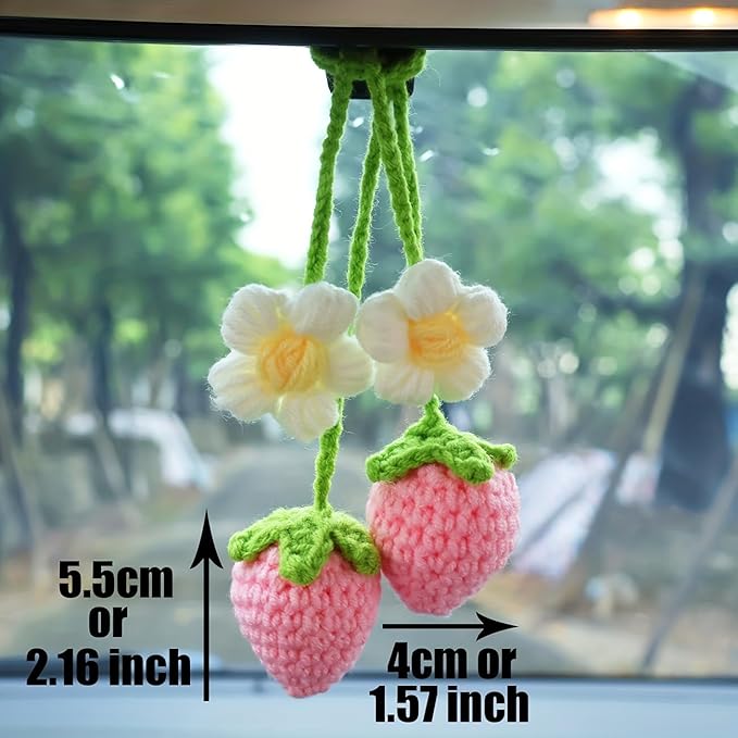 2 Pcs Strawberry Mirror Hanging Pendants, Kawaii Crochet Handmade Polyester Fiber Car Accessories for Women, Cute Car Decor Charm for Rearview Mirror,Decorations Gifts for Her