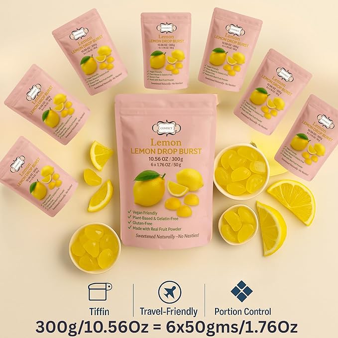 Confect Lemon Drop Burst Fruit Gummies – Vegan Candy – 6 Packs x 1.76 oz – Gluten-Free, No Corn Syrup, Semi-Circle Shape