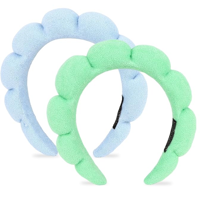 AMCAMI Puffy Spa Headband for Women Sponge Headbands for Girls 2 PCS Terry Towel Cloth Fabric Head Band for Skincare,Makeup Removal,Face Washing,Facial Mask,Shower,Hair Accessories（Blue&Light Green）