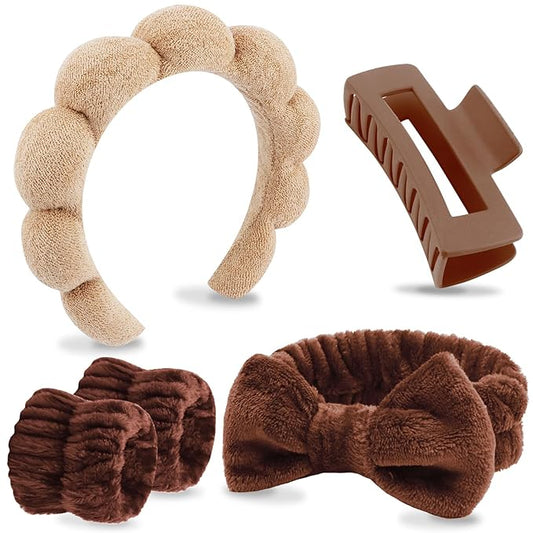VELSCRUN Spa Headbands for Wash Face, Makeup Headband, Facial Skincare Headbands, 5 Pcs Dark Brown Puffy Sponge Spa Headband Bow Tie Hair Band Hair Clips Wristband Set Women Girls Accessories