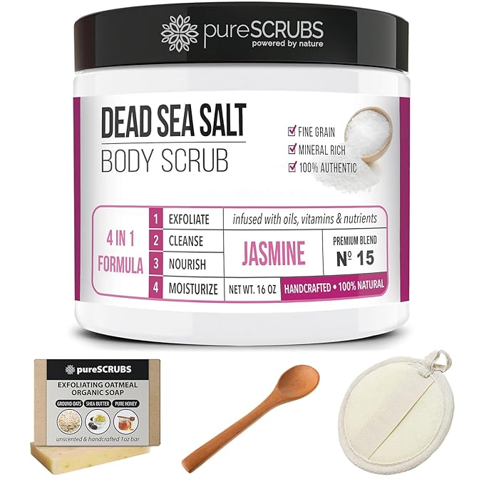 pureSCRUBS Premium Jasmine Body Scrub Set - Large 16oz Dead Sea Salt Body Scrub With Infused Essential Oils & Nutrients Includes Wooden Spoon, Loofah & Oatmeal Exfoliating Bar Soap
