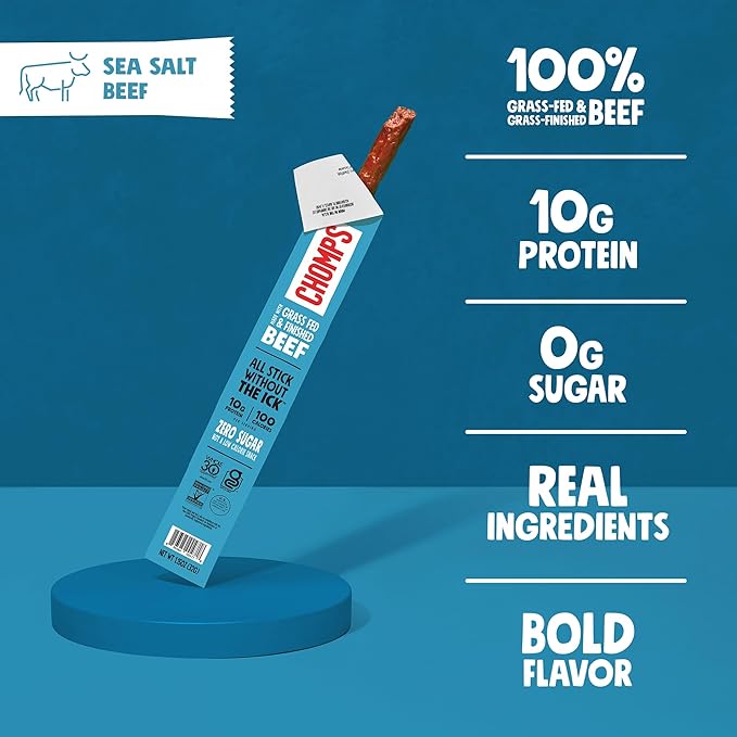 Chomps Grass-Fed and Finished Sea Salt Beef Jerky Snack Sticks 10-Pack - Keto, Paleo, Whole30, 10g Lean Meat Protein, Gluten-Free, Zero Sugar Food, Non-GMO