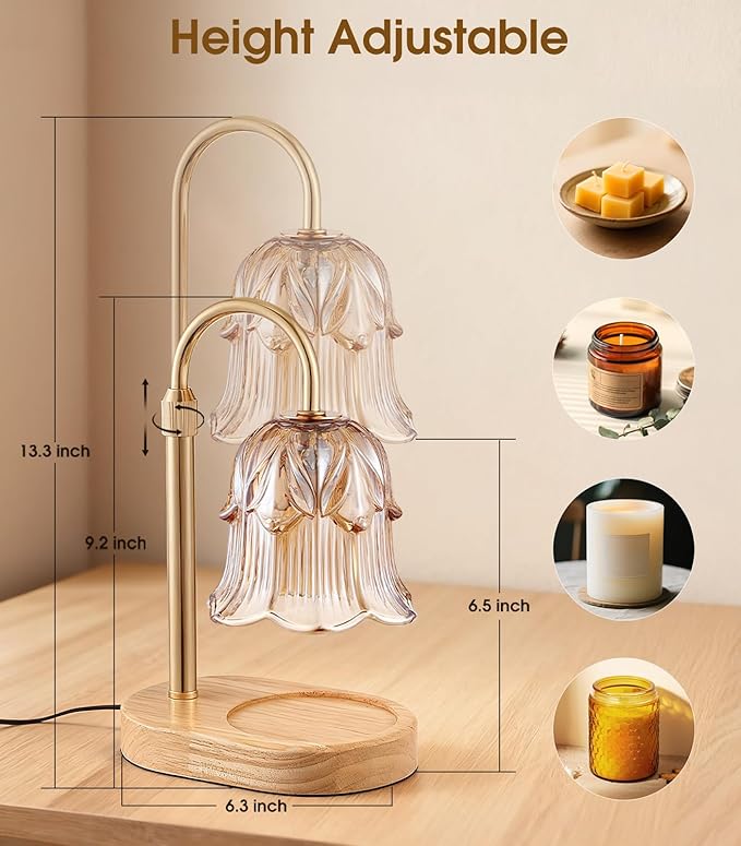 Candle Warmer Lamp Adjustable Timer - Electric Flower Glass Candles Warmers Adjustable Height Dimmable Vintage Base Modern Wax Candles Top Warmers for Small Jar Scented Wax Melts