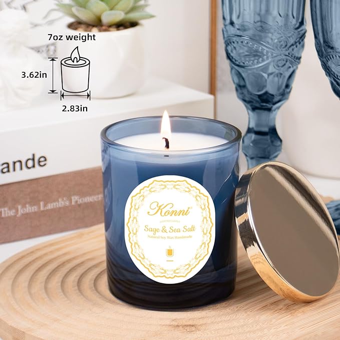 KONNI Scented Candles,Aromatherapy Candle, 7.4oz Natural Soy Wax Jar Candles, 40 Hour Burn Time, Home Scented Gift for Women & Men Christmas Birthday Mom Friends（Sage Sea Salt）