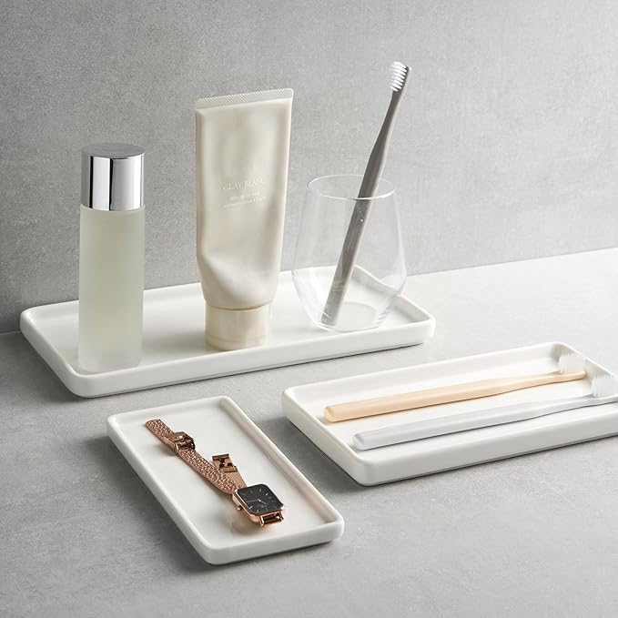 Gurygo 2 Pack 6" Bathroom Tray for Counter - Ceramic Vanity Trays for Bathroom - Small Rectangle Ceramic Tray - Kitchen Soap Trays for Kitchen Counter (White, Set/2)