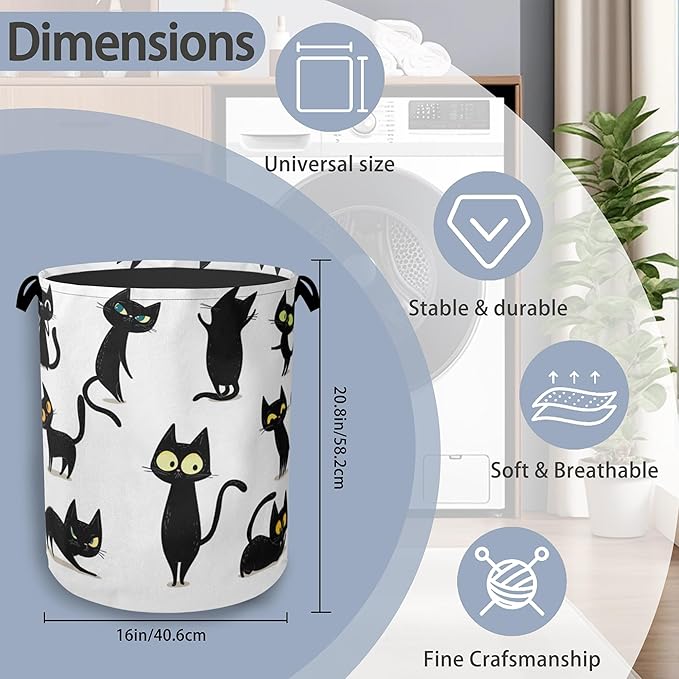 Funny Black Cat Laundry Hamper,Dirty Clothes Laundry Basket with Handles Waterproof Oxford Cloth Storage Basket for College Dorms Bathroom Bedroom 16" x 20.8"