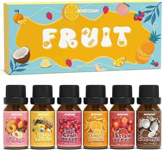 ARVIDSSON Fruits Essential Oils Set, Natural Fruity Fragrance Oil for Candle & Soap Making - Sweet Orange, Pineapple, Coconut, Cranberry, Peach, Strawberry, Aromatherapy Diffuser Oils Gift Set