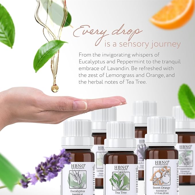 HBNO Essential Oils Set (10ml) - Top 6 Essential Oils. Ideal for Aromatherapy, Soap Making, and Skincare and More - Lavender, Eucalyptus, Tea Tree, Peppermint, Orange, Lemongrass