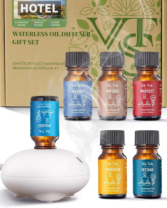 VTS Waterless Diffuser with Hotel Scent Essential Oils Set, Top 6 Aromatherapy Oil Blends for Diffusers, Home Fragrance Air Freshener