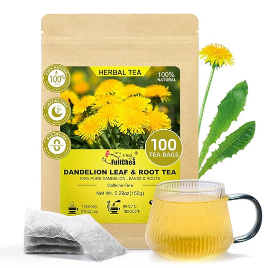 FullChea - Dandelion Leaf & Root Tea Bags, 100 Teabags, 1.5g/bag - Natural Dandelion Herbal Tea for Liver & Kidney Health - Non-GMO - Caffeine-free - Support Digestion & Boost Immune System