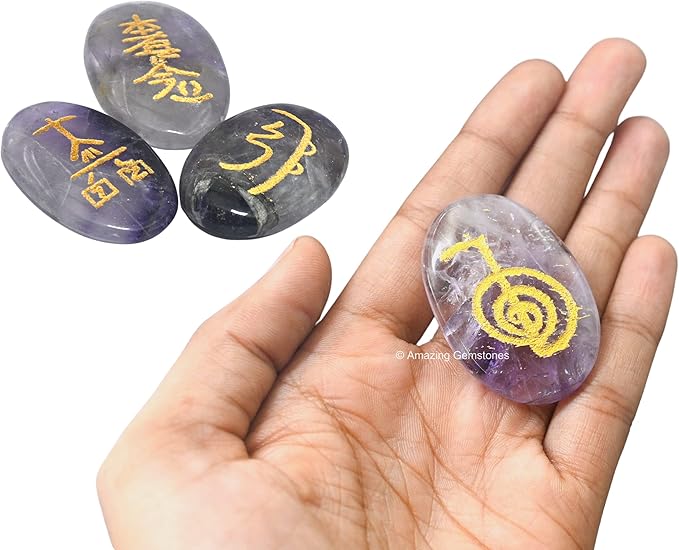 Amazing Gemstone Amethyst Crystal Reiki Stones with Engraved Symbols for Usui Reiki Healing, Set of 4 Pcs (Indian Handmade Reiki Gift Set)