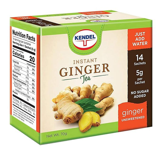 Kendel Instant Ginger Herbal Tea, Made from Real Ginger Crushed into Powder, May Aid Digestion, Add Hot or Cold Water to Drink, Caffeine Free, Herb Powder Drink (Unsweetened, 14 Packets)