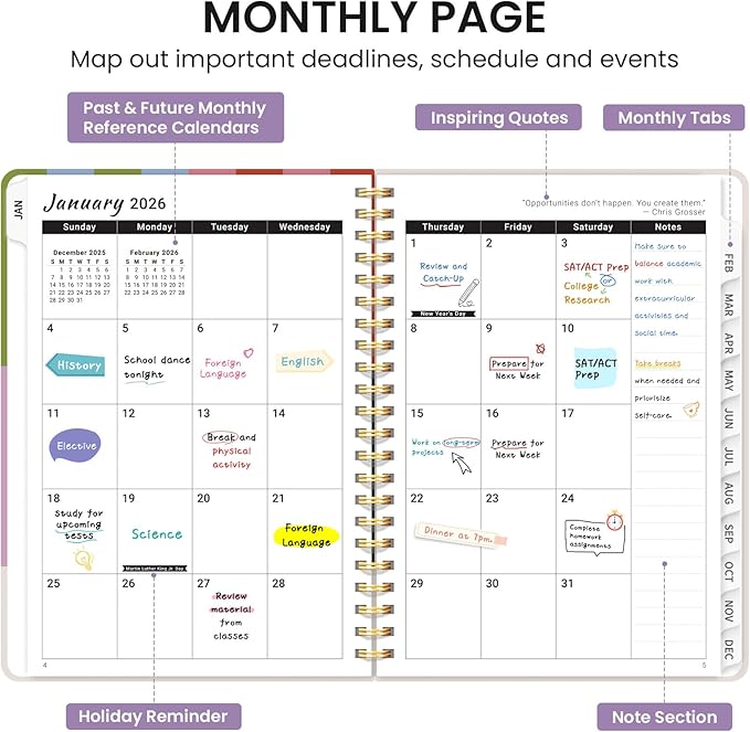 2026 Planner, Monthly and Weekly Calendar Planner for Women, January 2026 - December 2026, Hardcover Pretty 2026 Agenda Planner Book with Tabs, Spiral Bound, Perfect for School Office Home Supplies, 6.3" x 8.5" - Color Column