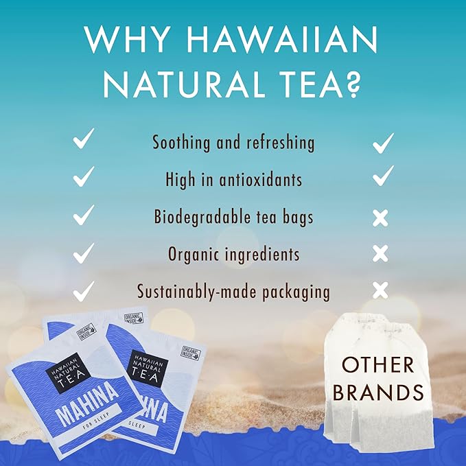 Hawaiian Natural Tea Organic Mahina Chamomile Tea with Passionflower & Valerian Root - Caffeine Free, Herbal, Antioxidant-Rich, For Calming, Wellness, Bedtime, Anxiety & Stress - 60 Bags