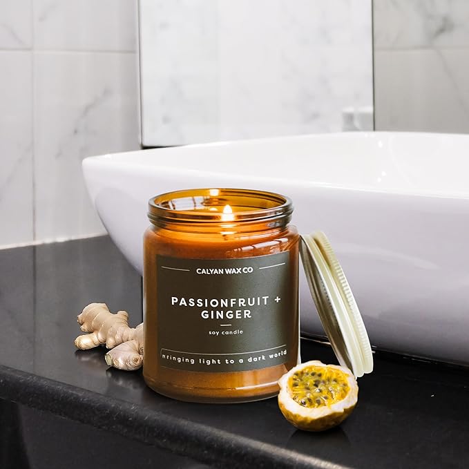 Calyan Wax Co. Soy Wax Candle, Passionfruit + Ginger Scented Candle, 57 Hour Burn Time, Aromatherapy Soy Candles, Non Toxic & Vegan Soy Wax, Amber Glass Jar Scented Candles, 7.2oz