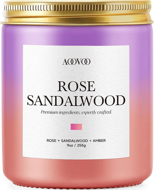 AOOVOO Rose Sandalwood Candles - Scented Candle Gift for Women, 9oz Soy Candle, 50 Hours Burn, Jar Candle for Home Scented, Relaxing, Stress Relief Candles