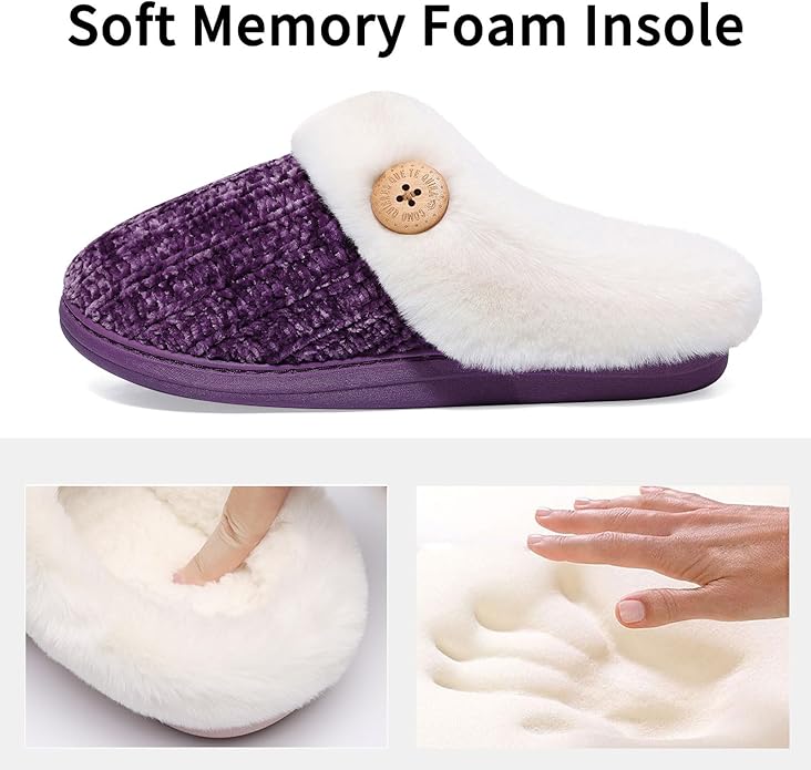 Evshine Warm Knit House Slippers for Women Comfy Wool-Like Lined Chenille Slippers with Memory Foam and Indoor Outdoor Soles