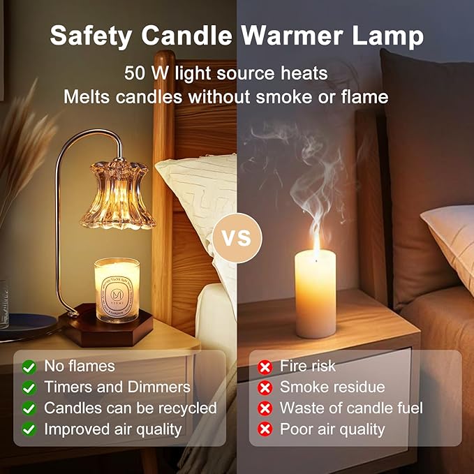 Candle Warmer Lamp with Timer Adjustable - Height Candle Warmer, Dimmer, Wax Melting Lamps for Home Decor, for Candles in Jars with 2 Bulbs, Glod