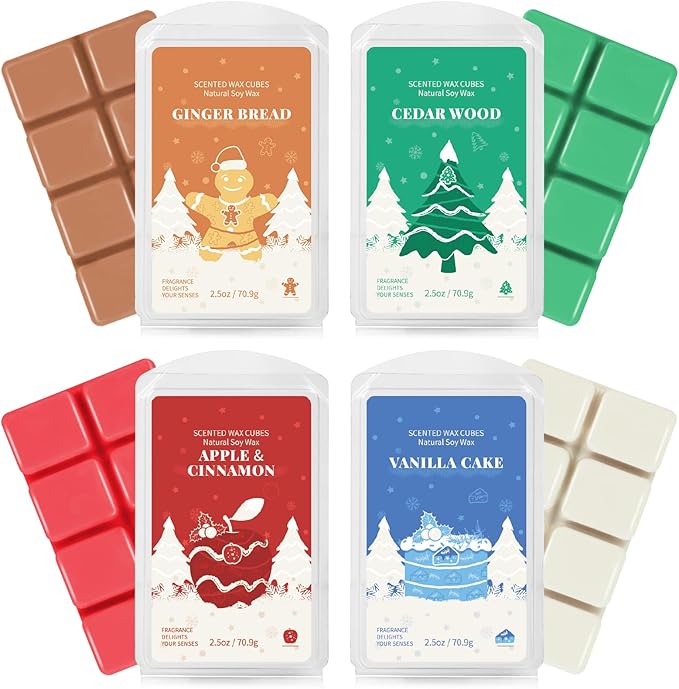 SCENTORINI Christmas Wax Melts, Scented Soy Wax Melts, 4x2.5 oz, Wax Melts for Wax Warmer, Cedar Wood, Ginger Bread, Vanilla Cake, Apple & Cinnamon