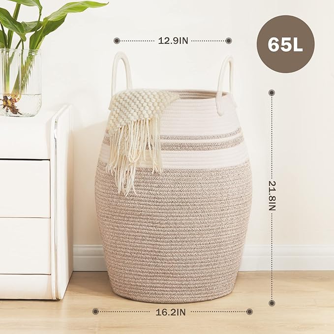 65L Cotton Rope Laundry Hamper by Fiona's magic, Large Woven Tall Laundry Basket for Storage Clothes and Toy in Bedroom, Living Room Organizing, Collapsible, Brown & White