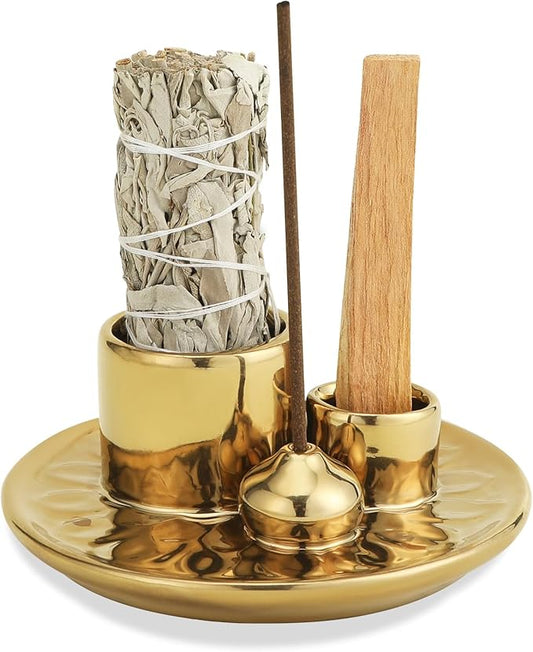 Handmade Ceramic Incense Burner for Palo Santo Incense Sticks, 4 in 1 Multi-Purpose Sage Holder for Burning, Ash Catcher Tray for Meditation Yoga Room (Golden)