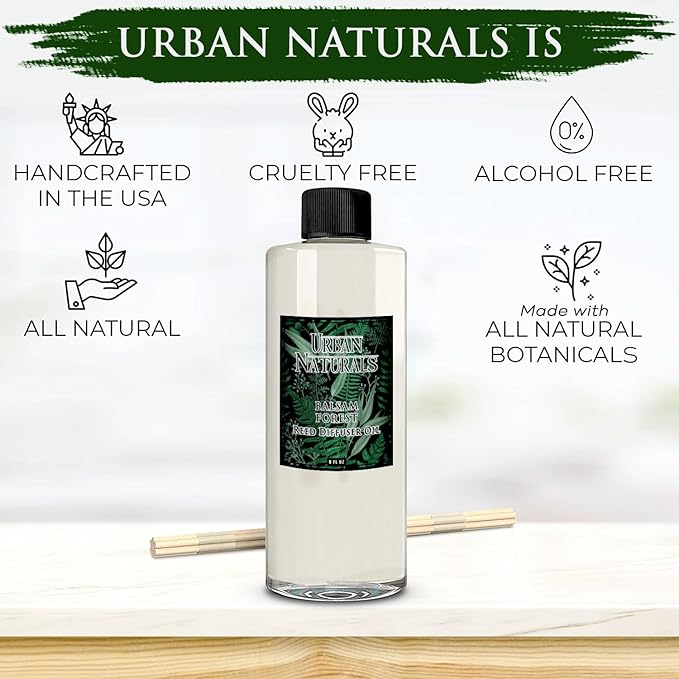 Urban Naturals Reed Diffuser Oil Refill Balsam Forest with Balsam Fir, Pine Needles, Evergreen, Cedar, Sandalwood 8 oz + Free Reed Sticks, Made in The USA