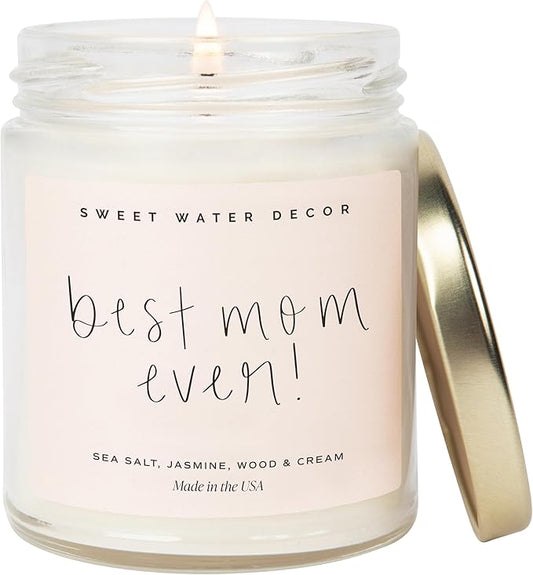 Sweet Water Decor, Best Mom Ever Candle - Sea Salt, Jasmine, Cream, and Wood Scented Soy Wax Candle for Mom - 9oz Clear Jar, 40 Hour Burn Time, Made in The USA