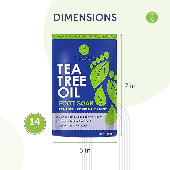14oz Tea Tree Oil Foot Soak with Epsom Salt and Mint by Truremedy Naturals - Foot Soaking Salts for Dry and Tired Feet - Gently Exfoliates and Refreshes Feet for Soft, Supple Skin