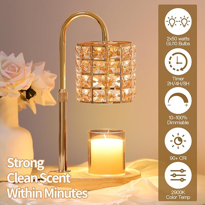 Candle Warmer Lamp, Adjustable Height Wax Warmer Lamp with 2 Bulbs Timer Dimmer, Candle Top Melting Compatible Jar Candles, Glass Candle Heater Lamp for Scented Wax, Gifts for Home Decor (Amber)