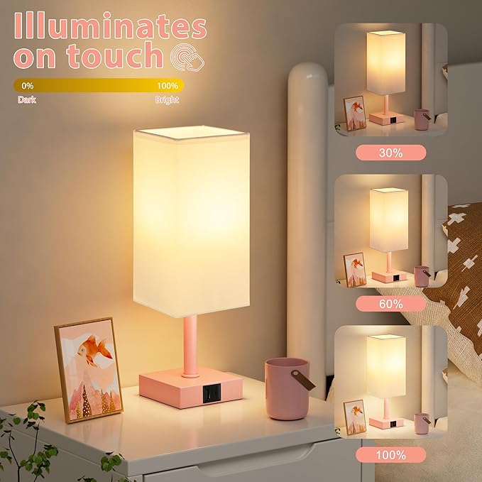 Ambimall Touch Control Table Lamp with USB A+C Charging Ports - 3 Way Touch Lamps Bedside, Nightstand Lamp for Bedrooms, LED Bulb Included(White Shade & Pink Base)
