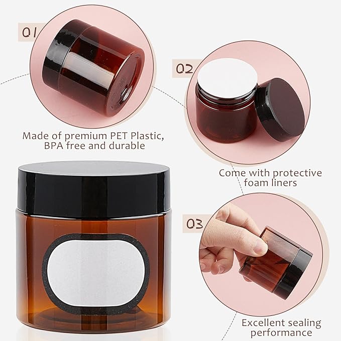 20 Pack 2 oz Amber Plastic Jars with Lids and Labels, Empty Salve Containers Refillable Cosmetic Jars for Creams, Lotion, Body Scrubs
