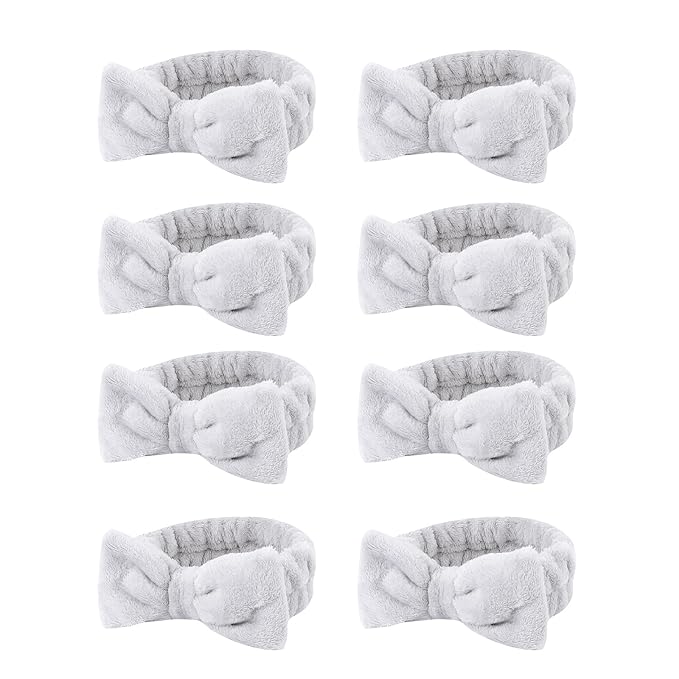 Casoty 8 Pcs Grey Spa Hair Bands for Women, Bow Fleece Headbands for Makeup, Shower, Yoga, and Skincare