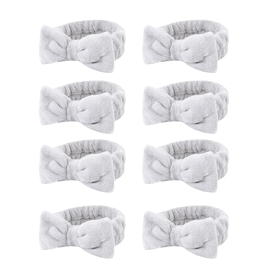 Casoty 8 Pcs Grey Spa Hair Bands for Women, Bow Fleece Headbands for Makeup, Shower, Yoga, and Skincare