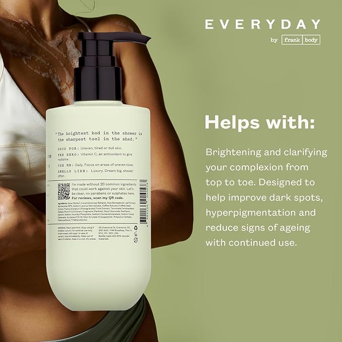 frank body Brightening Body Wash | Evens Tone & Brightens | Vitamin C, Kakadu Plum & Pomegranate | Bamboo & Camellia Scent | Vegan & Cruelty Free | 12.17 fl oz / 360 ml