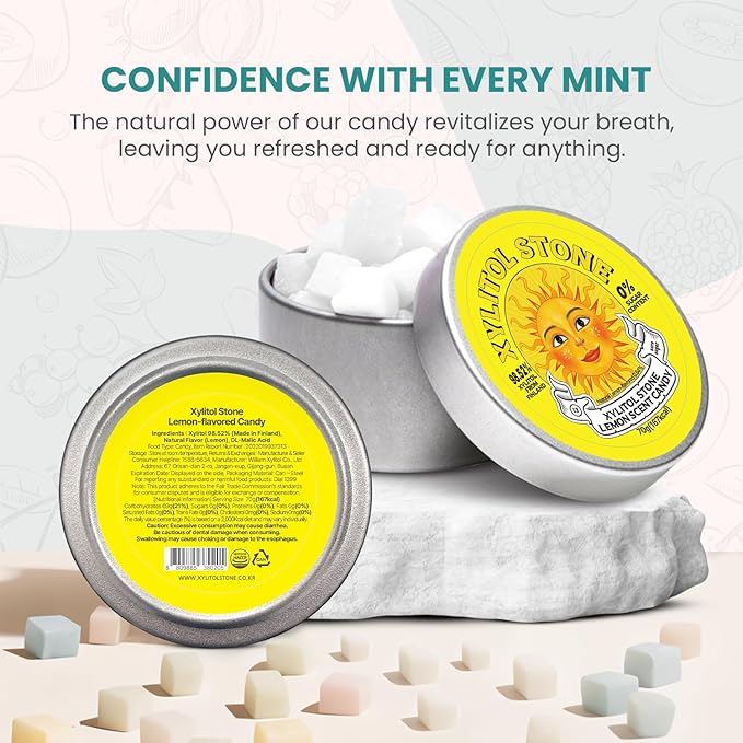 Xylitol Stone Sugar Free Candy - Vegan & Keto Friendly Unique Hard Candy - 100% Natural Flavor Candies - Gluten Free & Non-GMO Breath Freshener Low Calorie Mints - Lemon (Pack of 1)