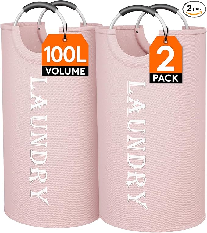 Lifewit 100L 2-Pack Large Laundry Basket, Collapsible Laundry Hamper with Aluminum Handles, Waterproof Freestanding Dirty Clothes Hampers for Laundry Room Bedroom Dorm Bathroom, Pink