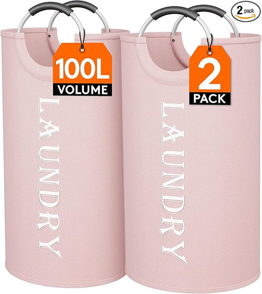 Lifewit 100L 2-Pack Large Laundry Basket, Collapsible Laundry Hamper with Aluminum Handles, Waterproof Freestanding Dirty Clothes Hampers for Laundry Room Bedroom Dorm Bathroom, Pink