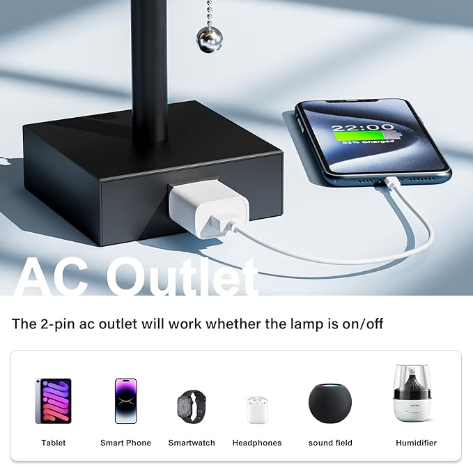 Fenmzee Black Table Lamps for Bedroom Set of 2 - Nightstand Lamp with AC Outlet Charging Port, 3 Color Temperatures Desk Light with Bulb, Small Tabletop Reading Lamp for Living Room/Dorm/Office