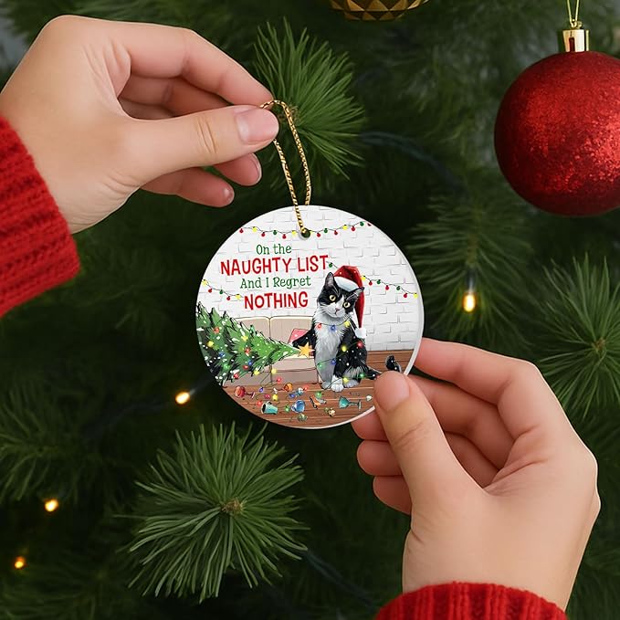 34HD 2.9"" Lightweight Ceramic Ornament for Christmas Tree, Both Sides Printed Flat Hanging Ornament, Gifts for Christmas, Christmas Decoration - Black Cat Funny